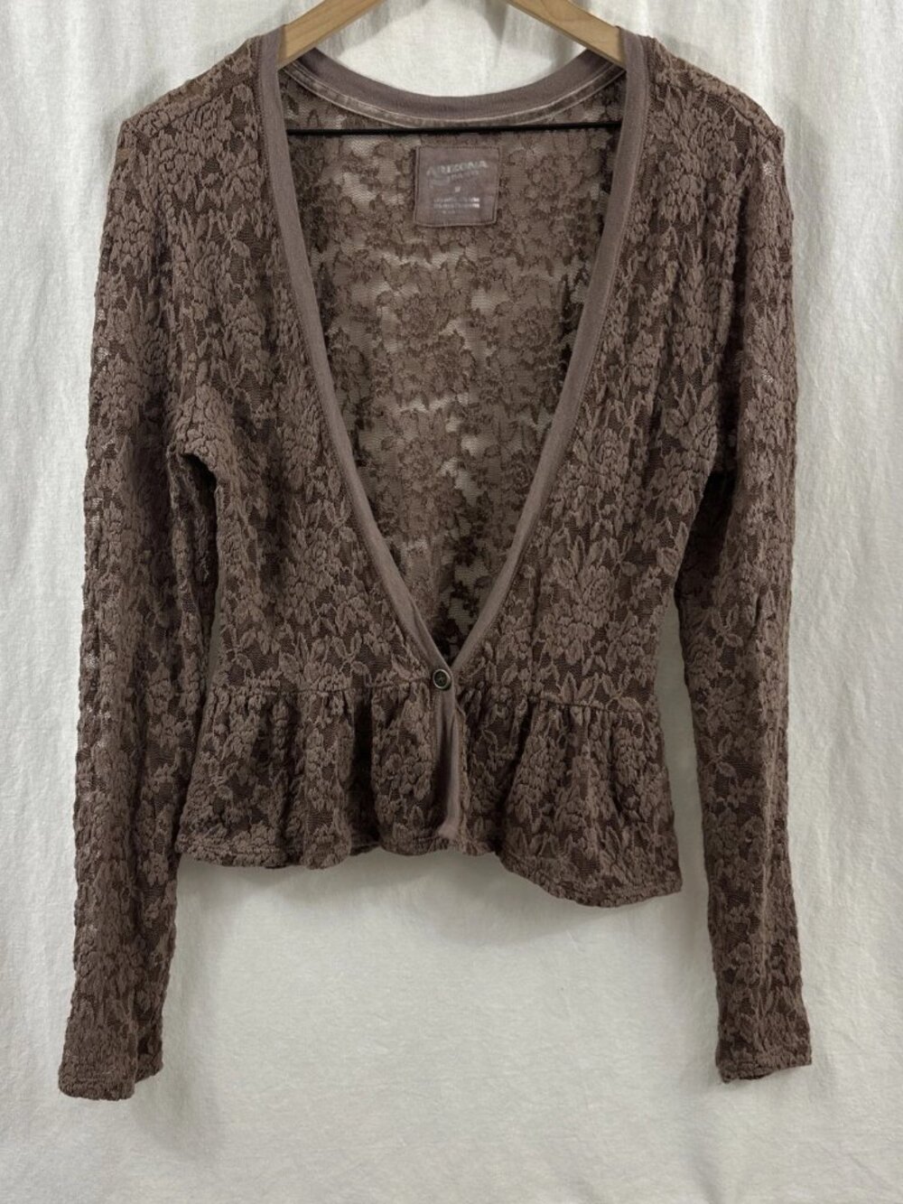 Arizona Jeans Co Brown Floral Lace Sheer Dainty Cottagecore Boho Top Womens M